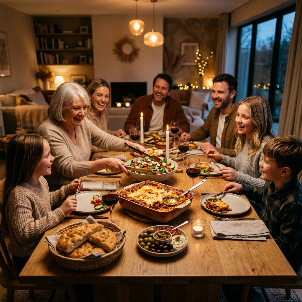Happy family eating dinner together